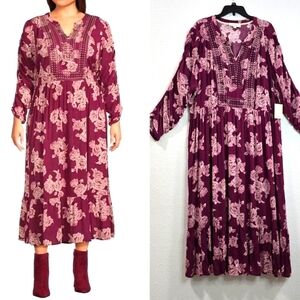 Nurture by Westbound   Long Sleeve  Floral Burgundy SunDress Bohemian  Size XXL